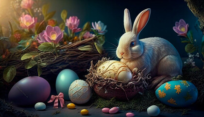 Easter bunny next to Easter eggs with flowers in spring. Created using generative artificial intelligence