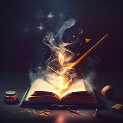 Magic wand casting a spell over an open book - fantasy and enchantment concept image - World Book Day - generative AI