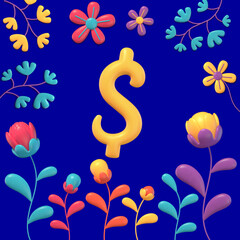 Fototapeta na wymiar set of yellow 3d numbers an symbols on multicolored background with flowers and plants, 3d rendering, dollar