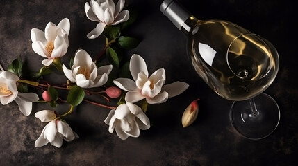 Spring magnolia flowers, bottle of wine and wine glasses flat lay, top view. Generative ai.