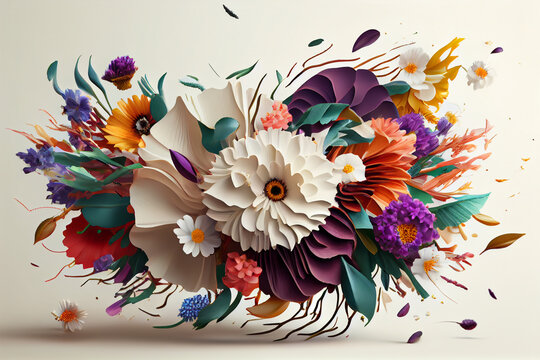 A whirlwind of flowers and paints on a white background. AI generated.