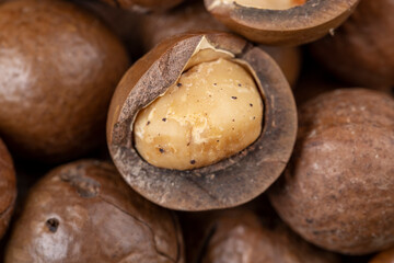 Unpeeled macadamia nuts on the table
