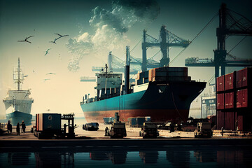 Container ship in the port. AI generated.