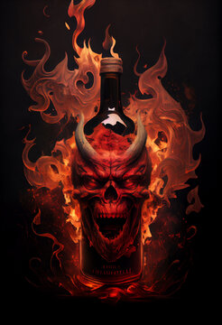 Fiery bottle of strong alcohol with the face of the devil. AI generated
