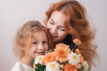 Child daughter congratulates mom and gives her flowers. Mother and daughter smilling and hugging. Mother’s day, Birthday concept. Generated Ai 