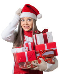 Stressed Woman with Christmas Gifts - Isolated