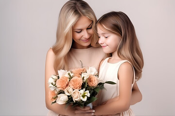 Child daughter congratulates mom and gives her flowers. Mother and daughter smilling and hugging. Mother’s day, Birthday concept. Generated Ai 