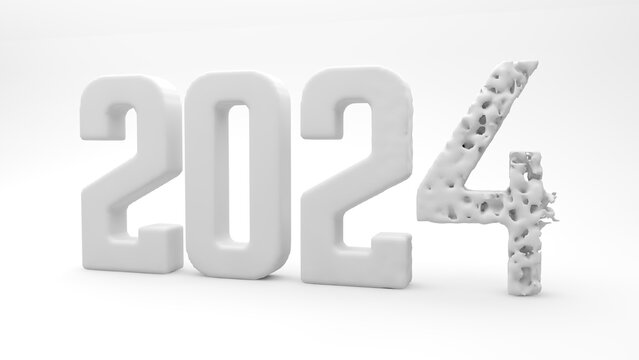The 2024 year font text 3D render Image. 2024 Year-end concept Photo. 3d rendering of 2024 new year text with a cracked font. The year 2024 is on white background.