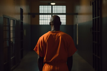 Black prisoner, back view of bald African American in an orange uniform in prison. Generative AI