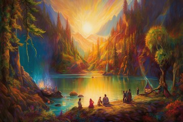 Fototapeta na wymiar Painting of Spiritual Awakening Amidst Stunning Landscape, Generated by AI