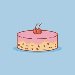 Icon tart. Melted strawberry flavored birthday cake and sweet cherry topping. Vector illustration. Simple flat cartoon design.