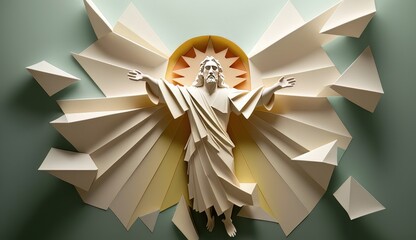 Ascension of Jesus Christ. son of god in heaven . Origami art.