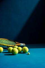 yellow tennis balls and racket on a blue background of the tennis court. Generative AI.