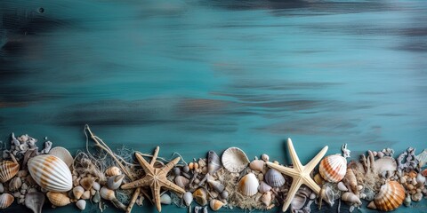 Fototapeta premium Ocean conceptual banner over wooden light blue background. Generative AI