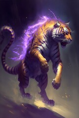 Graceful Feline in Vibrant Hues: A Realistic Depiction of a Running Tiger with Purple and Yellow Lighting