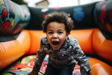 African American child playing and jumping in inflatable bouncy castle. Generative AI - obrazy, fototapety, plakaty