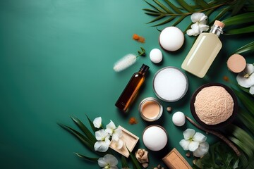 Green layout of ecological cosmetic products with copy space for text. Generative AI