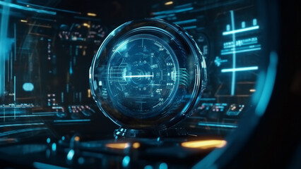 an image of a circular electronic screen with digital information on it, in the style of futuristic, sci-fi elements, soft edges and blurred details, robotic motifs, light gray and dark aquamarine