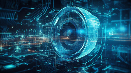 Obraz premium an image of a circular electronic screen with digital information on it, in the style of futuristic, sci-fi elements, soft edges and blurred details, robotic motifs, light gray and dark aquamarine