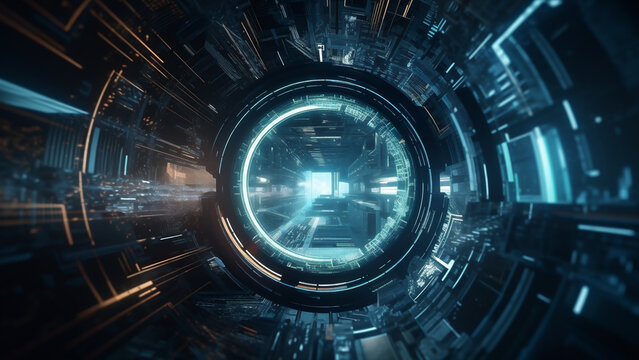 an image of a circular electronic screen with digital information on it, in the style of futuristic, sci-fi elements, soft edges and blurred details, robotic motifs, light gray and dark aquamarine
