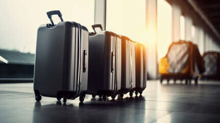 Ready for takeoff: colorful luggage suitcases lined up at the airport. Generative AI