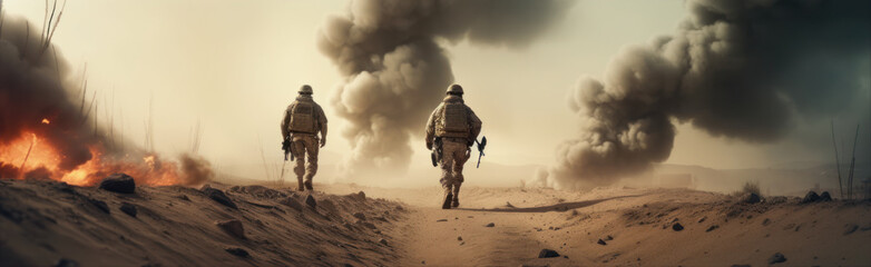 Defending the country in the face of adversity - soldiers in the desert. Generative AI
