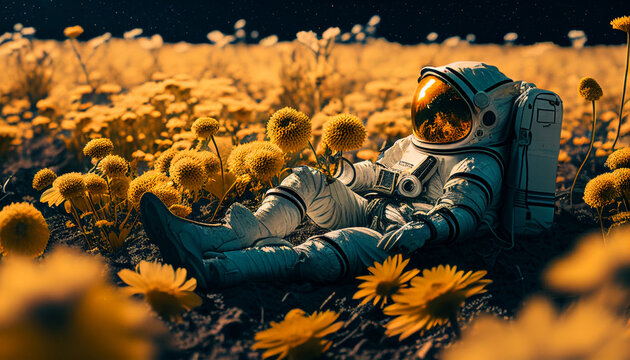 high texture quality photo of biomechanical astronaut lying in a meadow of yellow dahlia flowers, golden hour