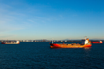 Oil tankers anchored in the bay of the seaport of Fos sur Mer in France.