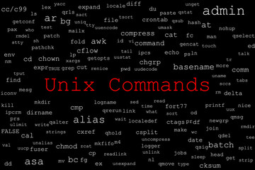 Tagcloud made of Unix commands randomly placed on a black background. The title Unix Commands is in red in the middle.