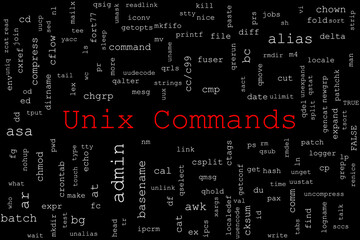 Fototapeta premium Tagcloud made of Unix commands randomly placed on a black background. The title Unix Commands is in red in the middle.
