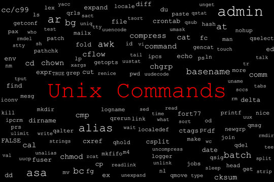 Tagcloud made of Unix commands randomly placed on a black background. The title Unix Commands is in red in the middle.