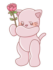 花をプレゼントするかわいいネコのキャラクターイラスト