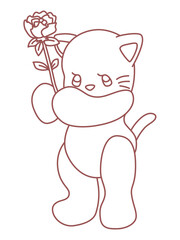 花をプレゼントするかわいいネコのキャラクターイラスト線画