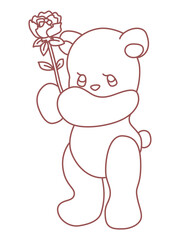 花をプレゼントするかわいいクマのキャラクターイラスト線画