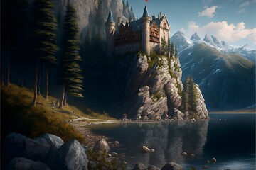 Fototapeta premium Renaissance Castle Amidst a Serene Landscape: An Exquisite Ultra-Detailed Painting