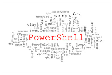Fototapeta na wymiar Tagcloud made of PowerShell commands placed on a white background around the red title in the middle.