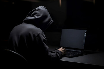 Hacker in hoodie sit back in front of the computer