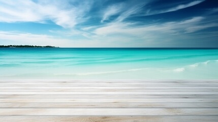 Fototapeta premium Empty wooden table and palm leaves with party on beach blurred background in summer time, Generative AI ,illustration