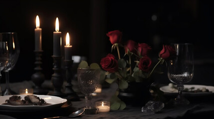 Beautiful romantic table setting on black background. Romantic dinner. Valentine's Day. Generative AI.