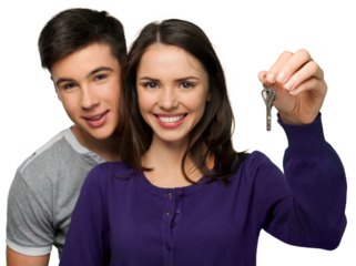 The couple are holding the key of new home. Real estate concept.