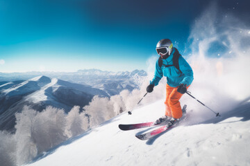 Fototapeta na wymiar skiing down the mountain with a beautiful view. Generative AI