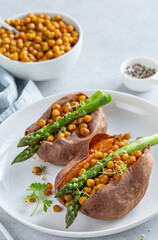 baked sweet potato with asparagus and chickpeas
