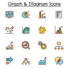 Graph, data, chart and diagram color line icon set