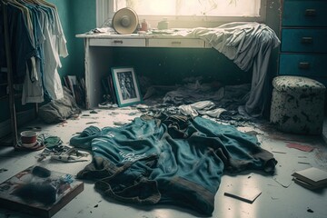 ripped clothes lie on floor in messy room after party, created with generative ai