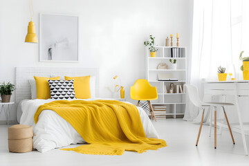 Stylish interior of bright modern bedroom with a big comfortable bed and yellow details. Cozy functional berdoom interior design in minimalistic trendy white and yellow colors. Generative AI