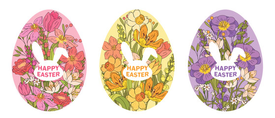 Fototapeta na wymiar Happy Easter colorful eggs decotated with spring flowers
