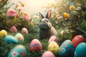 The Easter Bunny sits in a field surrounded by many colorful Easter eggs. AI Generated.