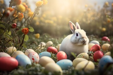 Naklejka premium The Easter Bunny sits in a field surrounded by many colorful Easter eggs. AI Generated.