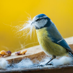 Blue tit collects hair for nesting