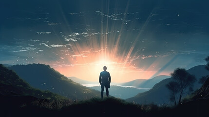 Fototapeta premium silhouette of a person in the mountains at sunrise created with Generative AI technology